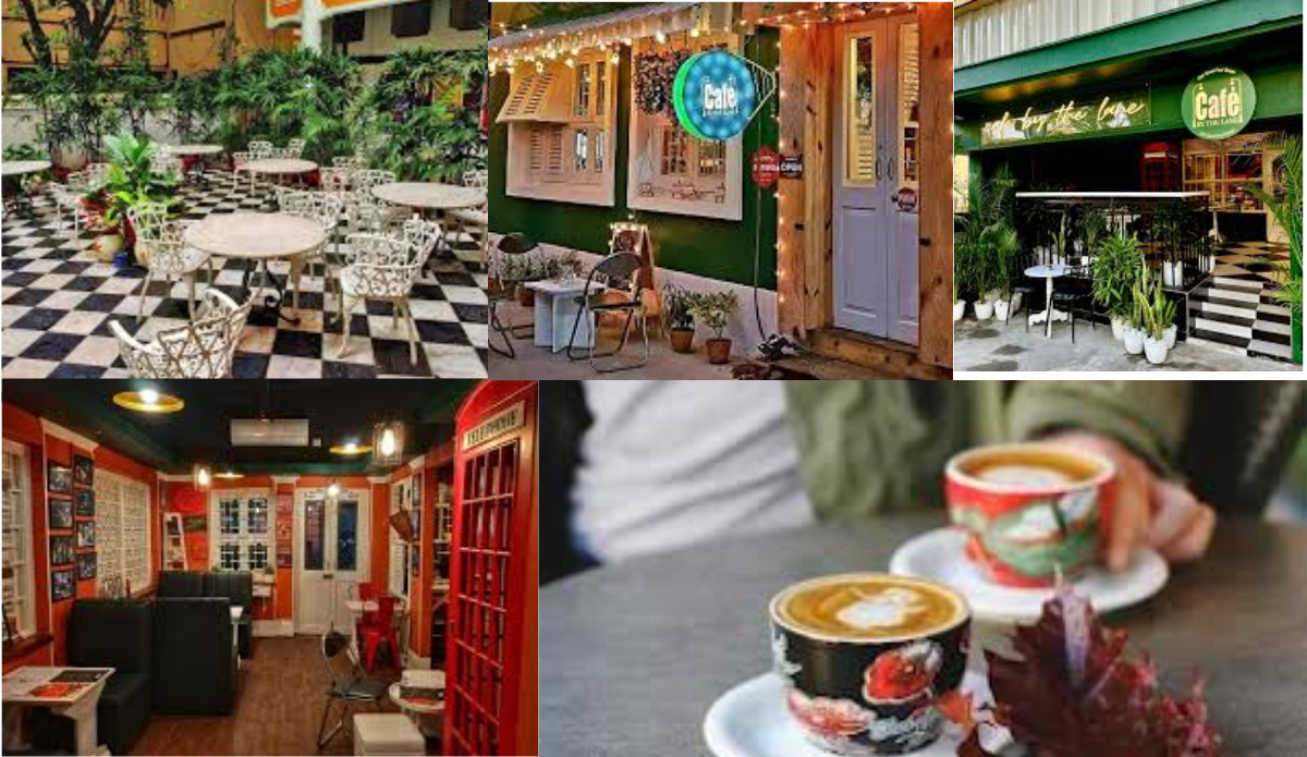 This is a collage picture of few cafes with beautiful ambience and good food